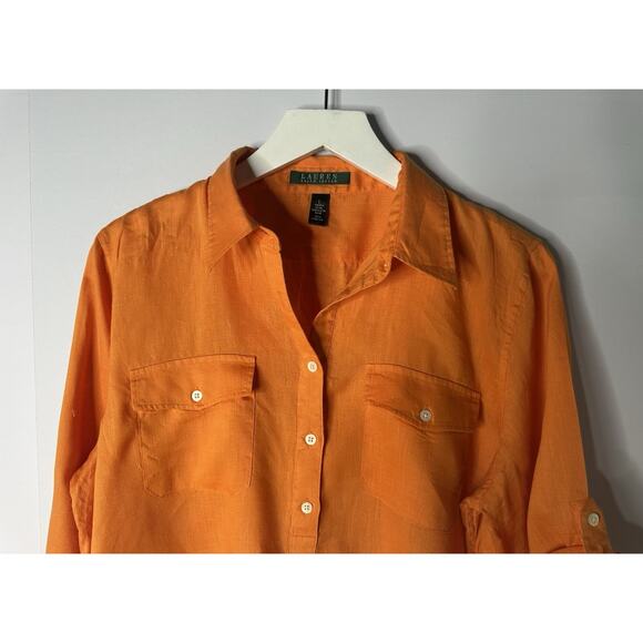 Lauren Ralph Lauren Orange Linen Button Down Popover 3/4 Sleeve Top Womens Sz L - Picture 2 of 10